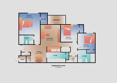 Floor plan for 3 beds, 2 baths, 1112 sqft